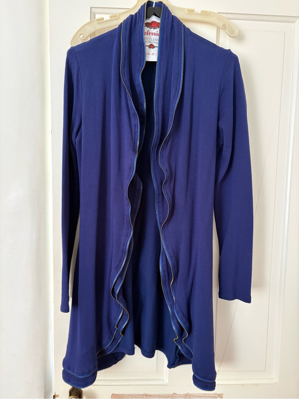 Open-Front Zipper Ruffle-Trim Cardigan in Deep Blue